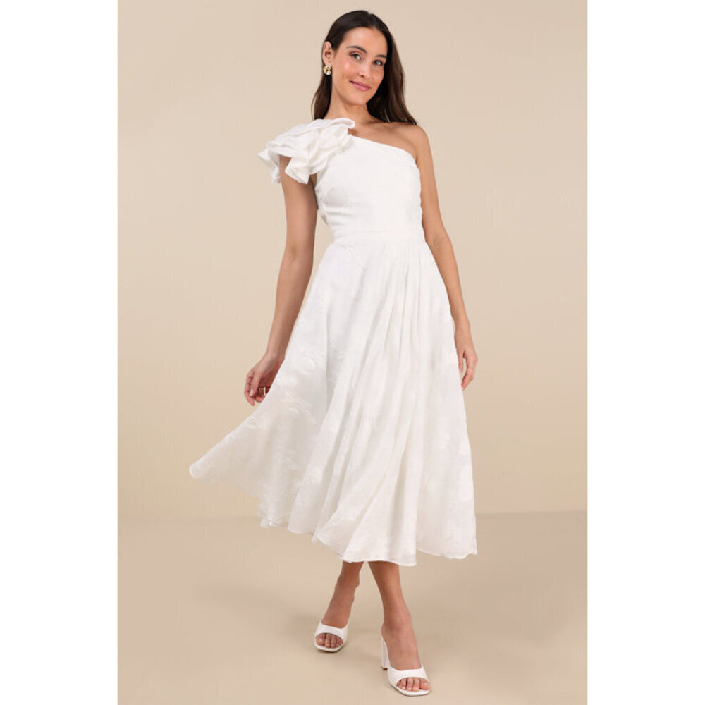 Lulus Sweet Definition White Burnout Ruffled One-shoulder Midi Dress - Size M